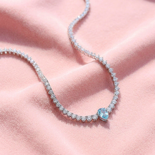 Graduated Blue Pear Cut Moissanite 925 Silver Tennis Necklace | PRM2088