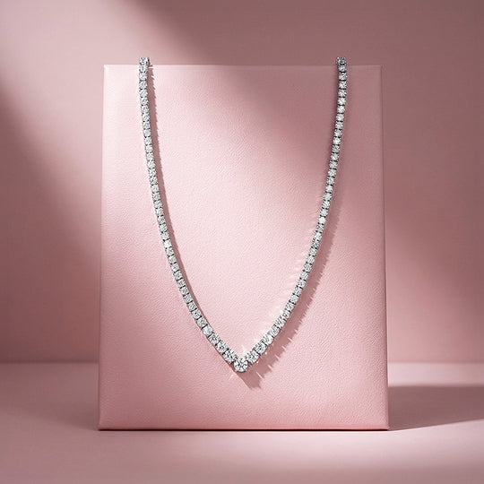 Graduated V-Shape Genuine Moissanite 925 Silver Tennis Necklace | PRM2089