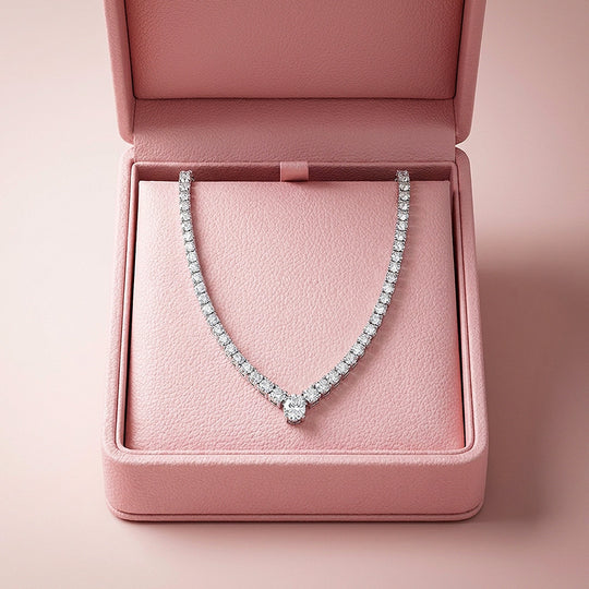 Graduated V-Shape Genuine Moissanite 925 Silver Tennis Necklace | PRM2089