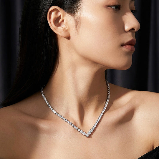 Graduated V-Shape Genuine Moissanite 925 Silver Tennis Necklace | PRM2089