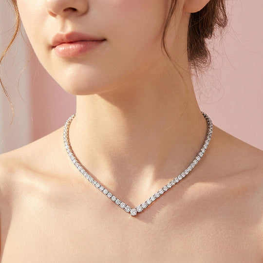 Graduated V-Shape Genuine Moissanite 925 Silver Tennis Necklace | PRM2089