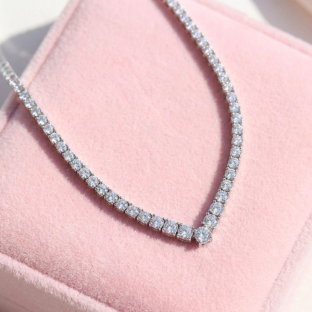 Graduated V-Shape Genuine Moissanite 925 Silver Tennis Necklace | PRM2089