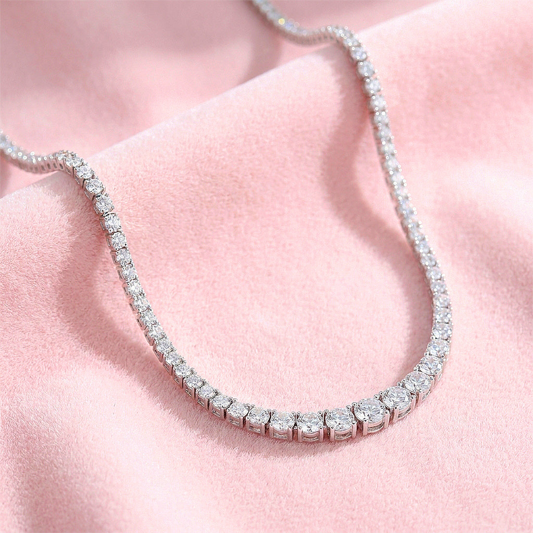 Graduated Round Genuine Moissanite 925 Silver Tennis Necklace | PRM2090