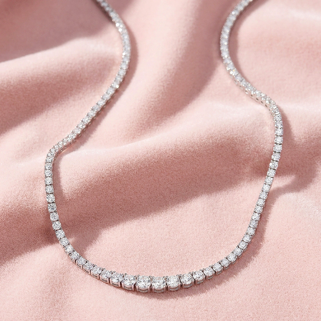 Graduated Round Genuine Moissanite 925 Silver Tennis Necklace | PRM2090