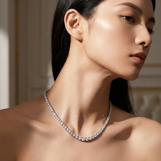 Graduated Round Genuine Moissanite 925 Silver Tennis Necklace | PRM2090