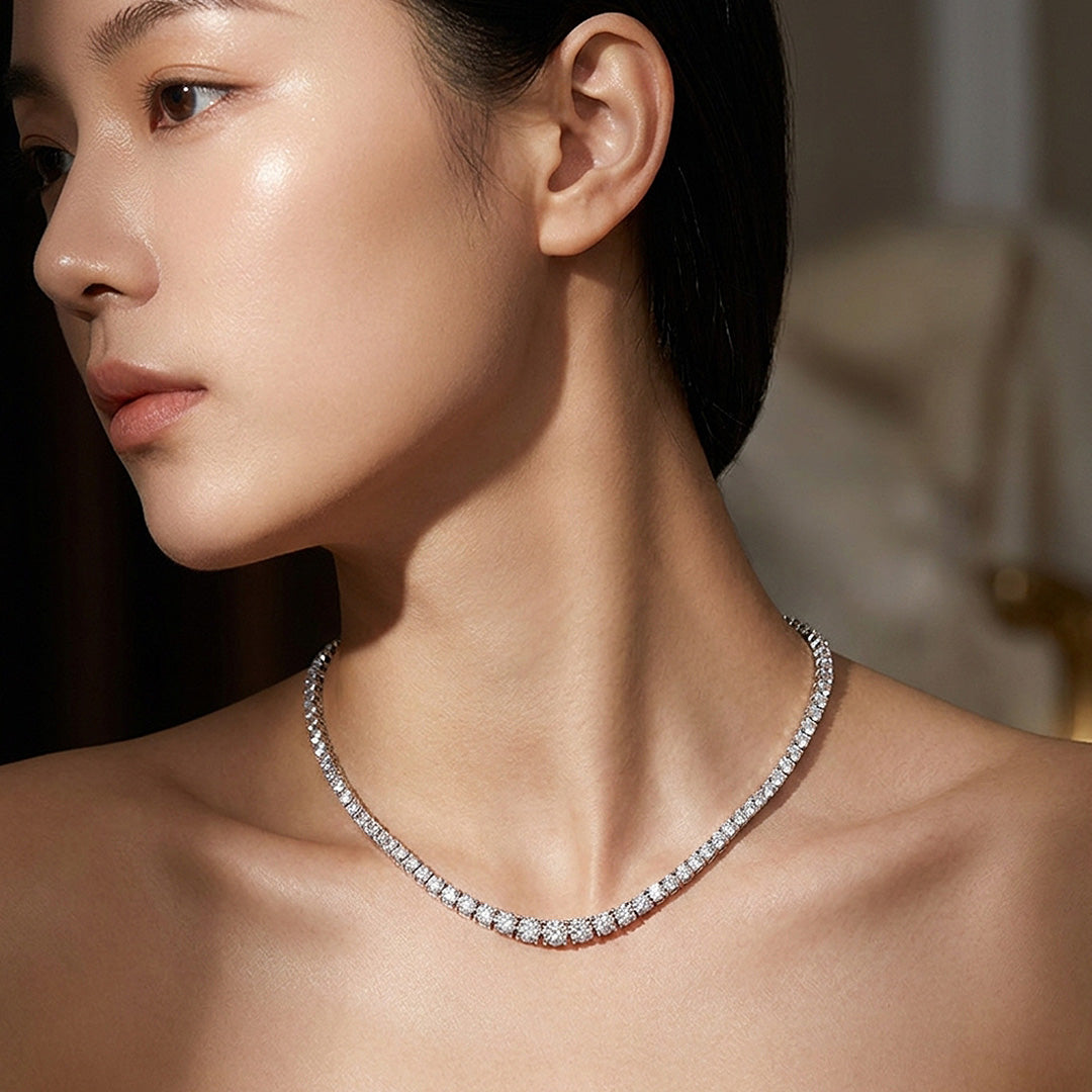 Graduated Round Genuine Moissanite 925 Silver Tennis Necklace | PRM2090