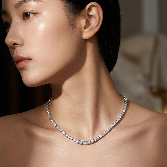 Graduated Round Genuine Moissanite 925 Silver Tennis Necklace | PRM2090