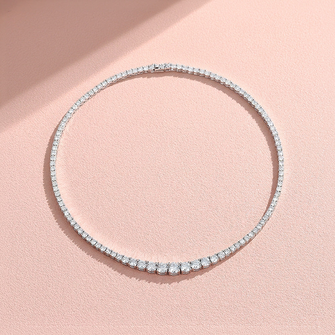 Graduated Round Genuine Moissanite 925 Silver Tennis Necklace | PRM2090