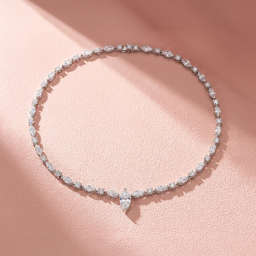 Marquise Cut Genuine Moissanite 925 Silver Tennis Necklace | PRM2091