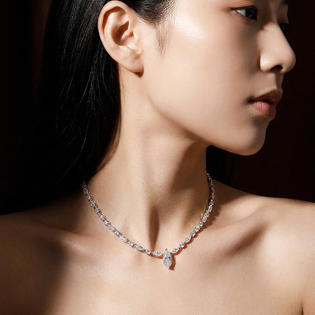 Marquise Cut Genuine Moissanite 925 Silver Tennis Necklace | PRM2091