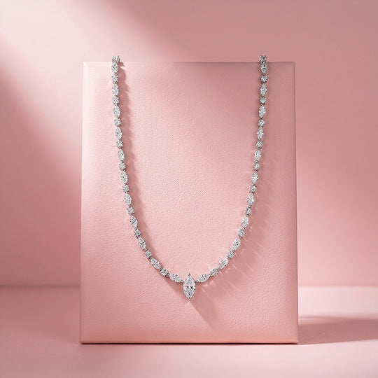 Marquise Cut Genuine Moissanite 925 Silver Tennis Necklace | PRM2091