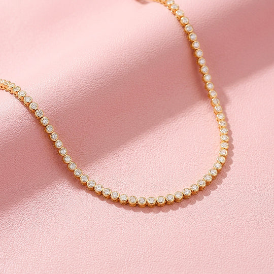 Bezel-Set Genuine Moissanite Gold 925 Silver Tennis Necklace | PRM2092