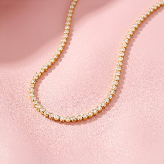 Bezel-Set Genuine Moissanite Gold 925 Silver Tennis Necklace | PRM2092