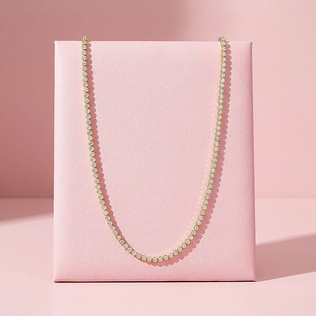 Bezel-Set Genuine Moissanite Gold 925 Silver Tennis Necklace | PRM2092