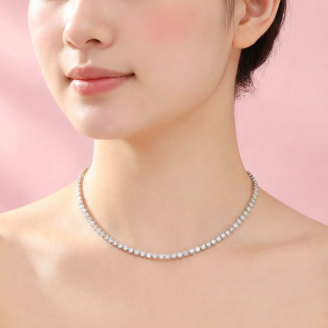 Bezel-Set Genuine Moissanite 925 Sterling Silver Tennis Necklace | PRM2093