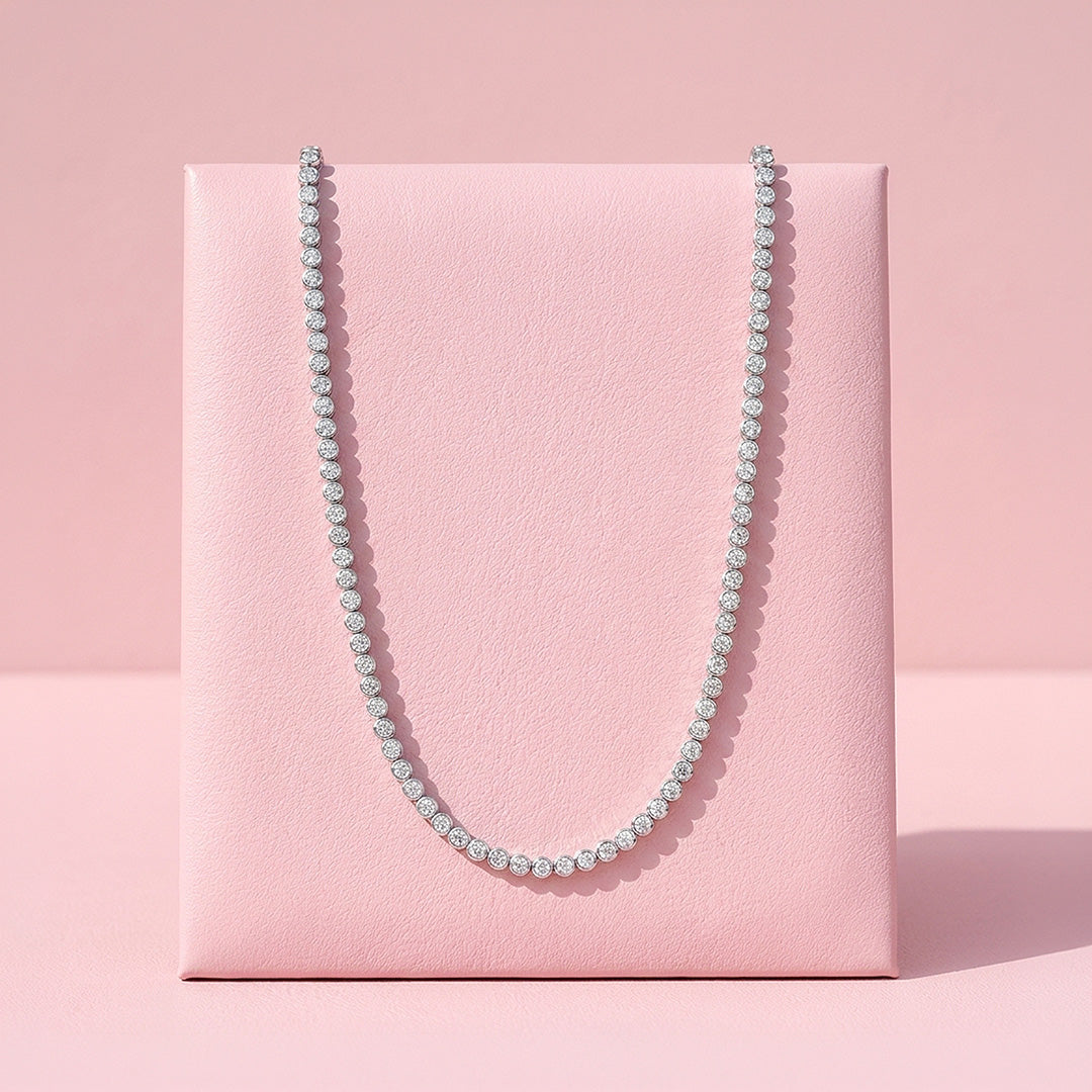 Bezel-Set Genuine Moissanite 925 Sterling Silver Tennis Necklace | PRM2093