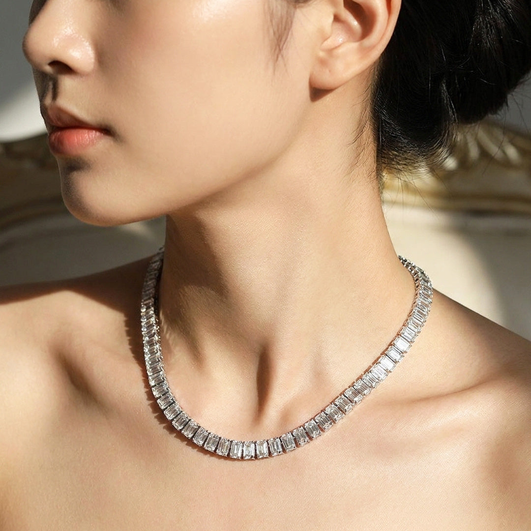 Emerald Cut Genuine Moissanite 925 Silver Tennis Necklace | PRM2094