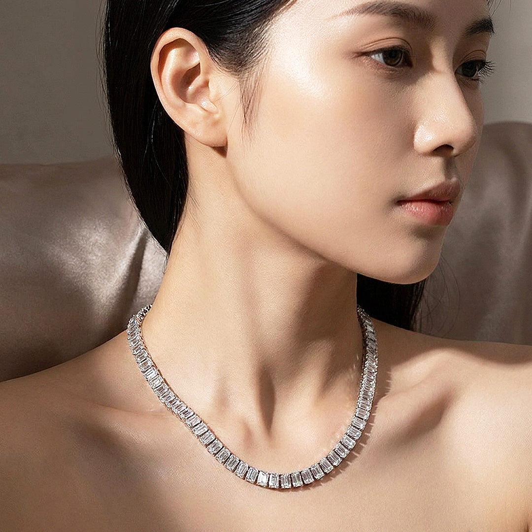 Emerald Cut Genuine Moissanite 925 Silver Tennis Necklace | PRM2094