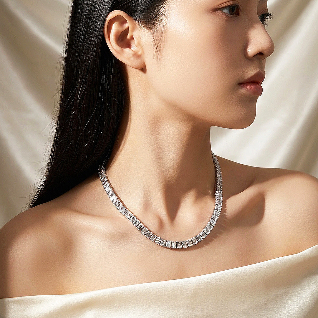 Emerald Cut Genuine Moissanite 925 Silver Tennis Necklace | PRM2094