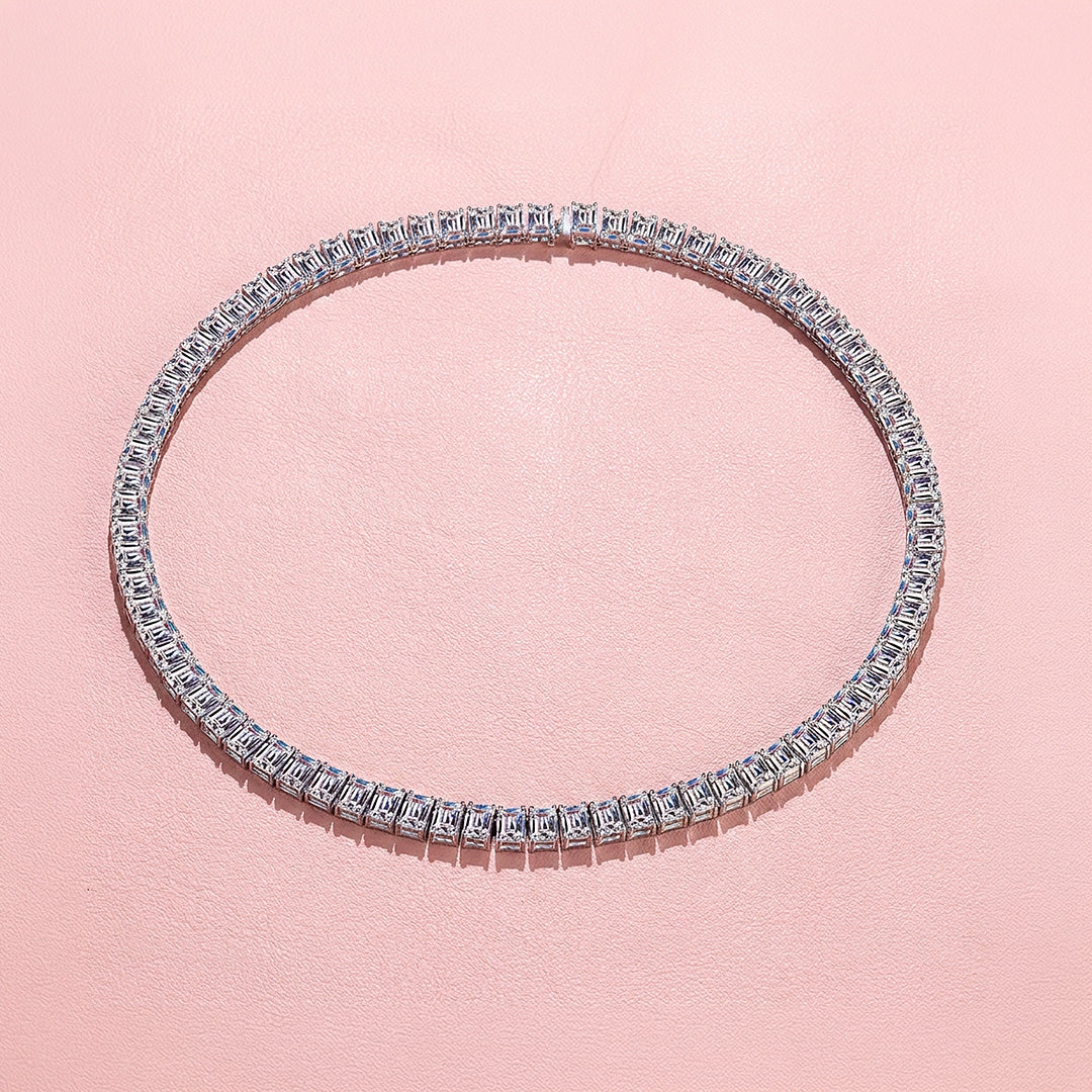 Emerald Cut Genuine Moissanite 925 Silver Tennis Necklace | PRM2094