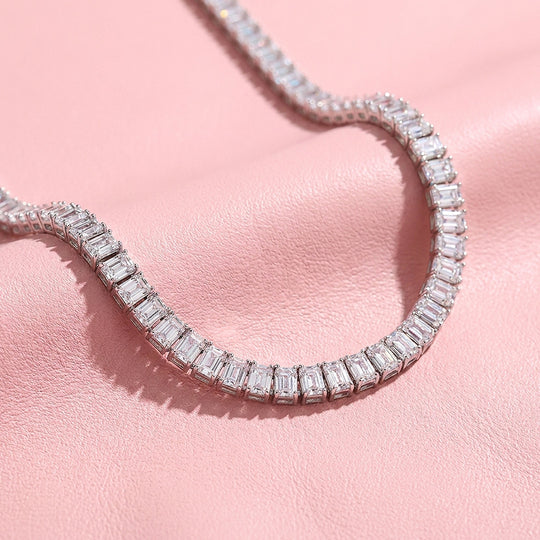 Emerald Cut Genuine Moissanite 925 Silver Tennis Necklace | PRM2094