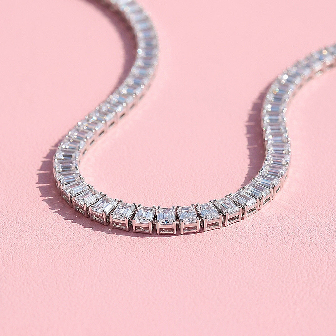 Emerald Cut Genuine Moissanite 925 Silver Tennis Necklace | PRM2094