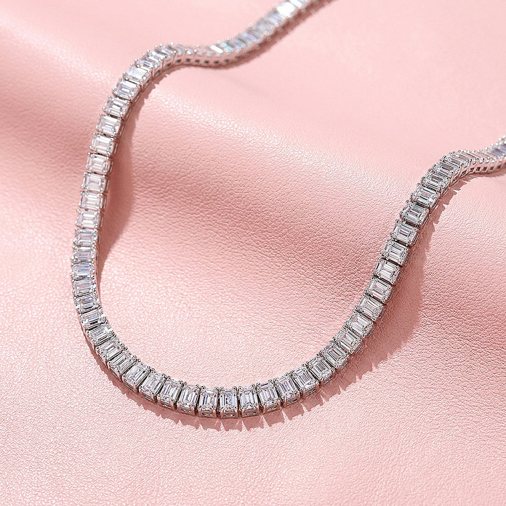 Emerald Cut Genuine Moissanite 925 Silver Tennis Necklace | PRM2094