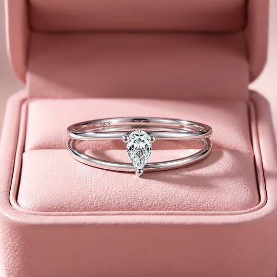 Pear Cut Double Band Solitaire Ring | Moissanite | 925 Sterling Silver | Prm5012