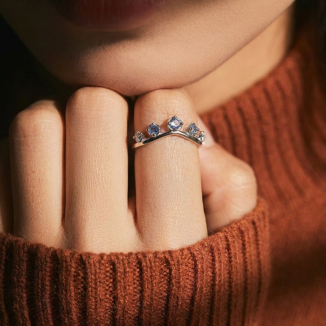 Blue Sapphire Crown Ring | Diamond Simulant | 925 Sterling Silver | Prm5018
