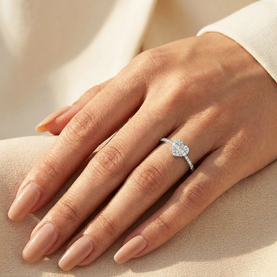 Baguette &amp; Pavé Heart Ring | Diamond Simulant | 925 Sterling Silver | PRM5027