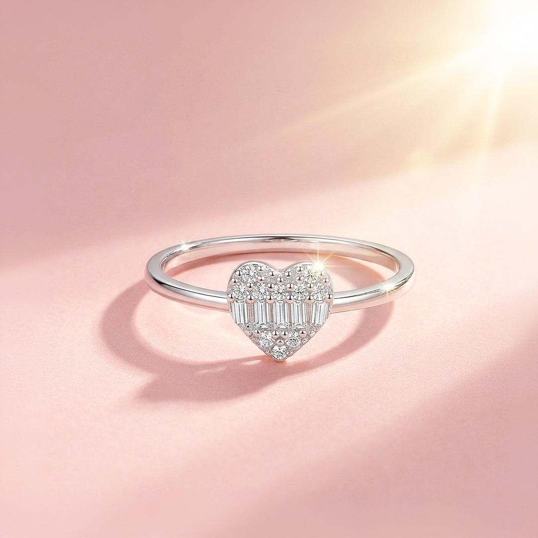 Baguette &amp; Pavé Heart Ring | Diamond Simulant | 925 Sterling Silver | PRM5027