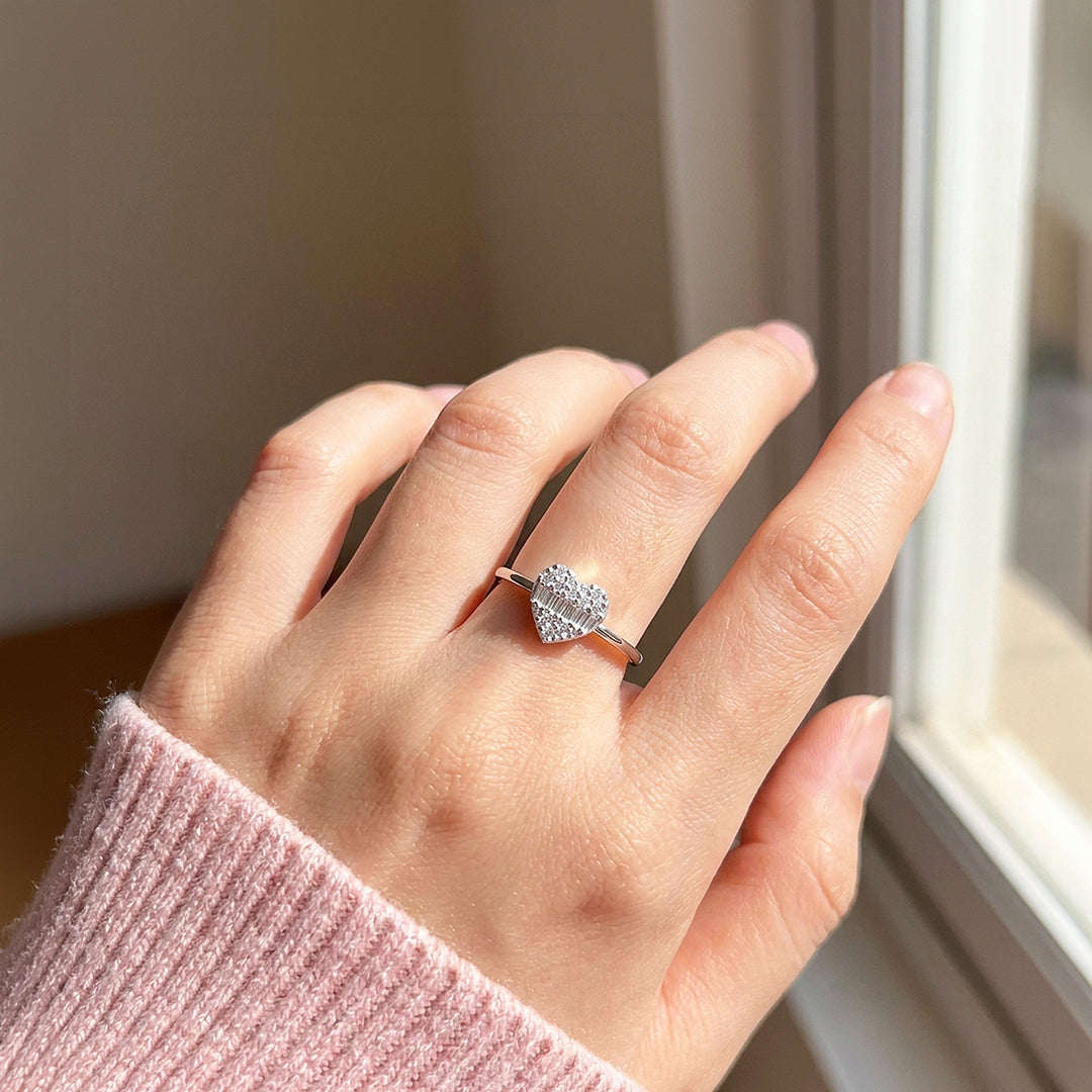 Baguette &amp; Pavé Heart Ring | Diamond Simulant | 925 Sterling Silver | PRM5027
