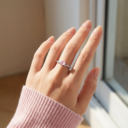 Heart Rose Quartz Ring | Diamond Simulant | 925 Sterling Silver | PRM5029