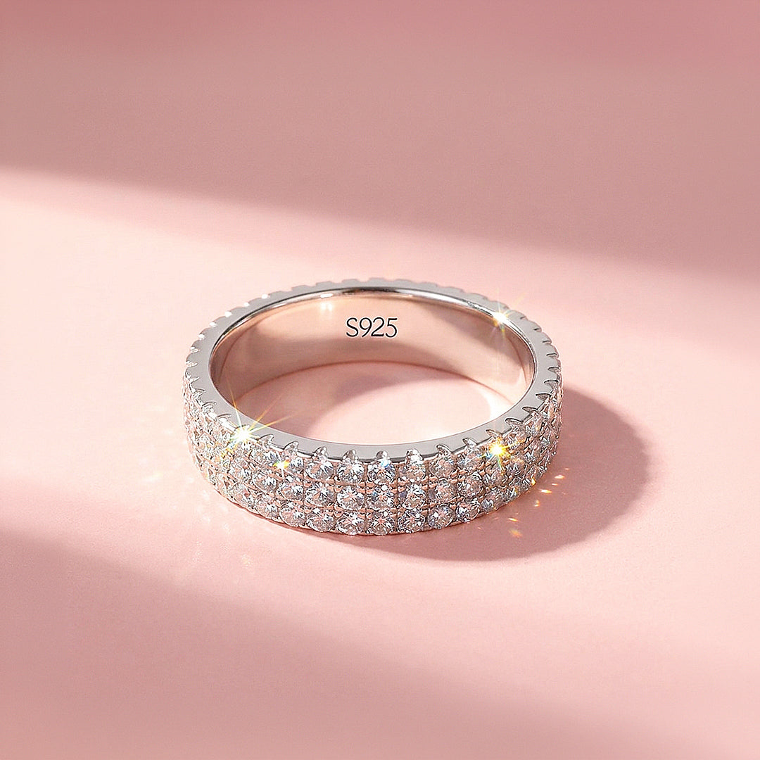 Three-Row Pavé Eternity Moissanite Silver Women Ring | Prm5040