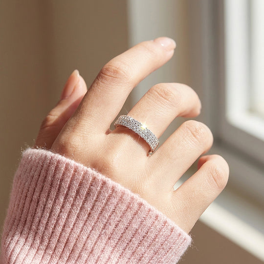 Three-Row Pavé Eternity Moissanite Silver Women Ring | Prm5040