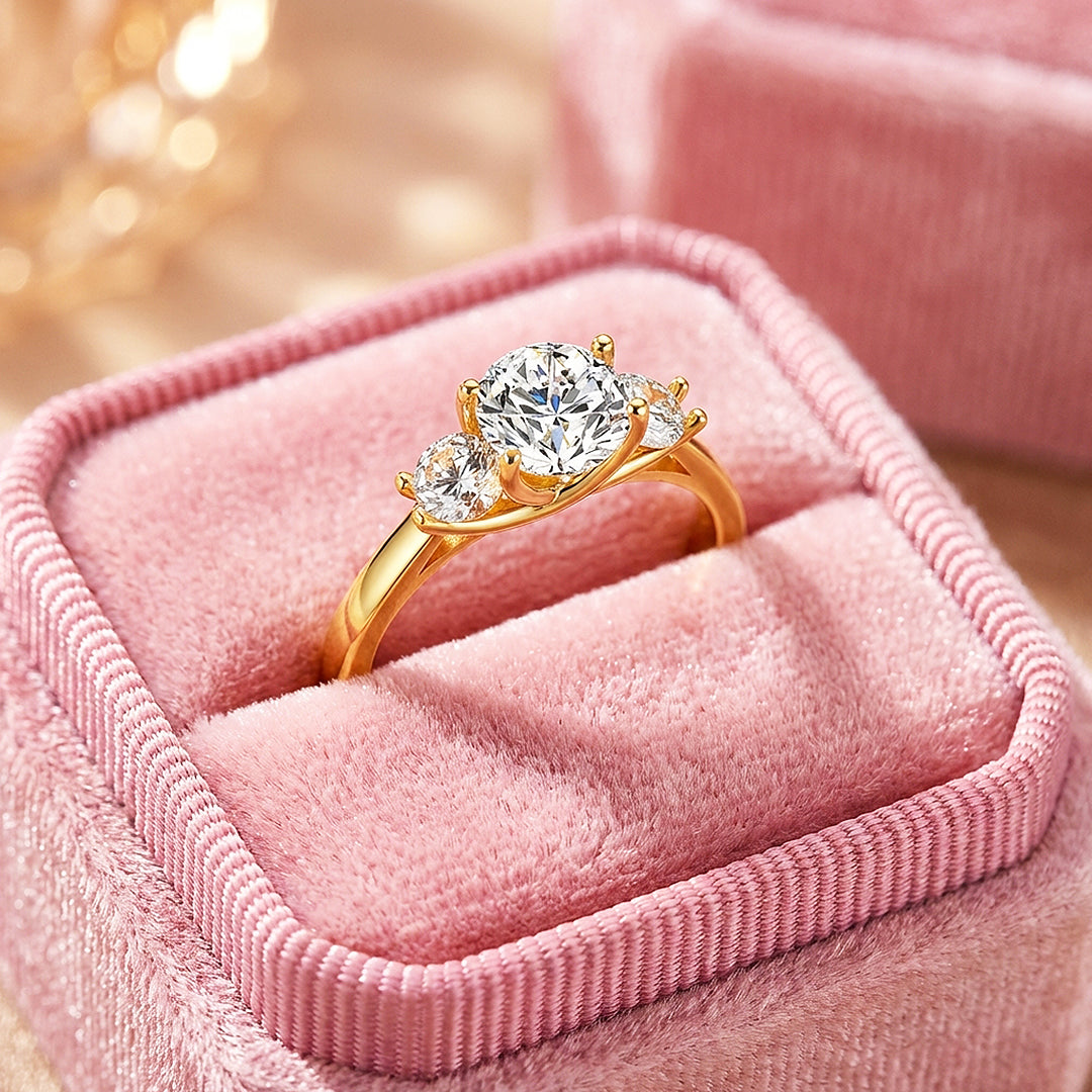 Three Stone Moissanite Gold Ring | 925 Sterling Silver | PRM7109