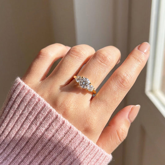 Three Stone Moissanite Gold Ring | 925 Sterling Silver | PRM7109