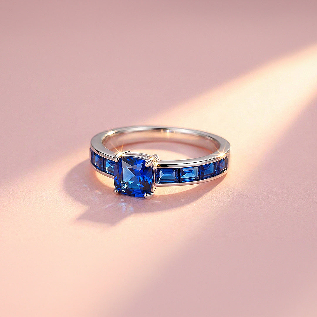 925 Sterling Silver Blue Sapphire Zircon Baguette Band - Prm7123