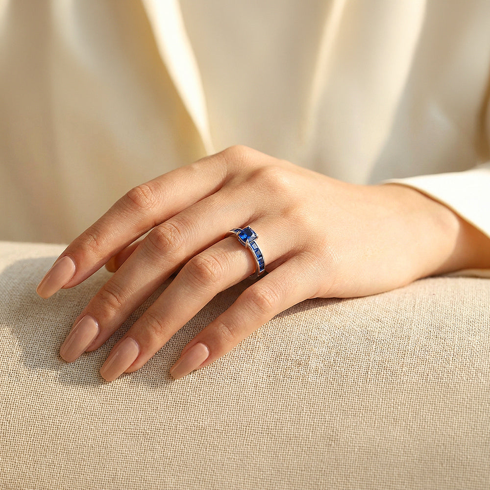 925 Sterling Silver Blue Sapphire Zircon Baguette Band - Prm7123