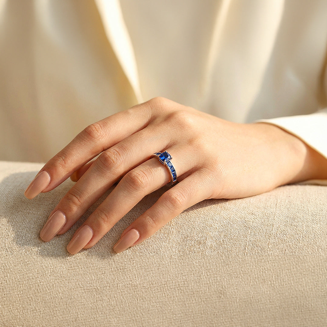 925 Sterling Silver Blue Sapphire Zircon Baguette Band - Prm7123