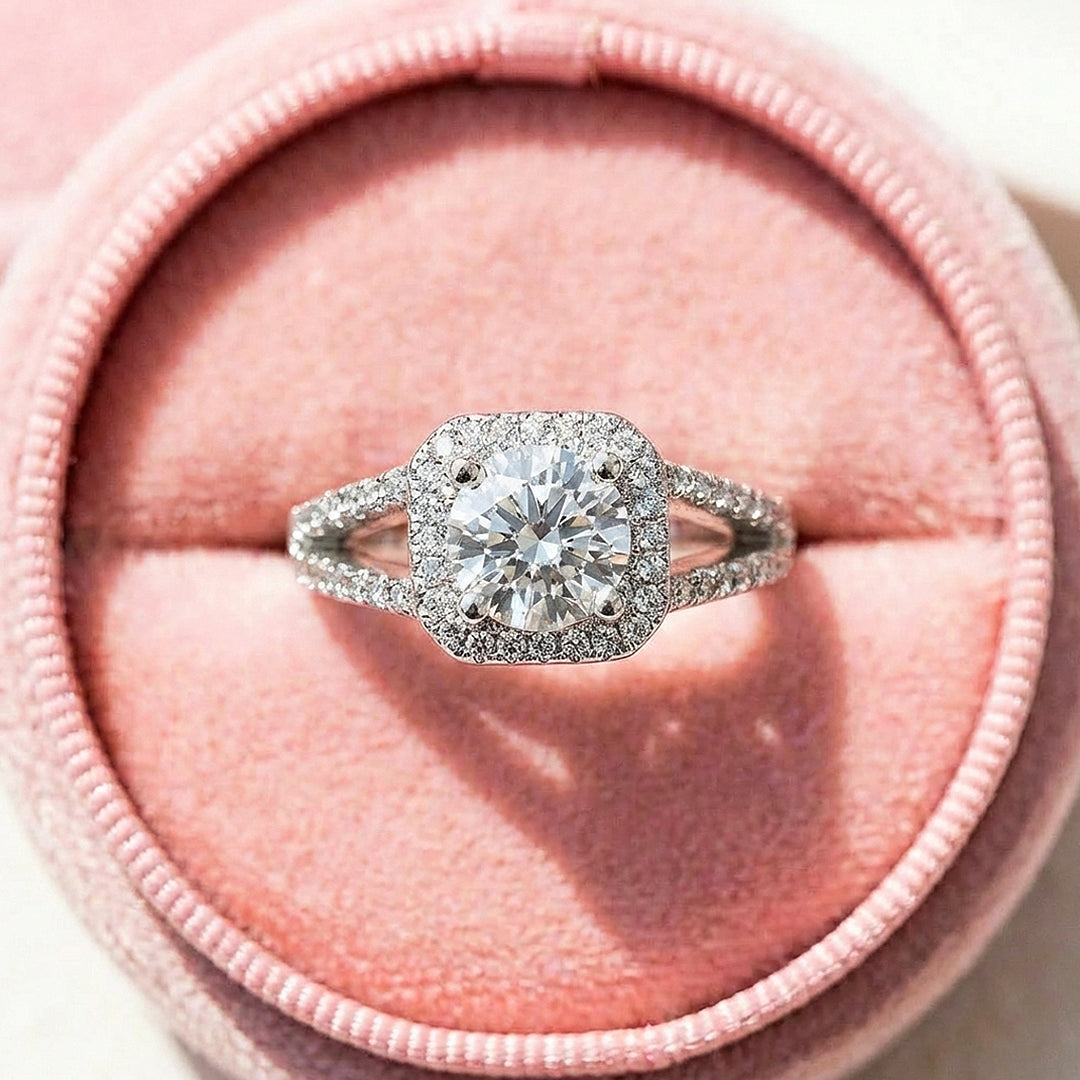 Brilliant Cushion Halo Moissanite Ring | 925 Sterling Silver | PRM7124