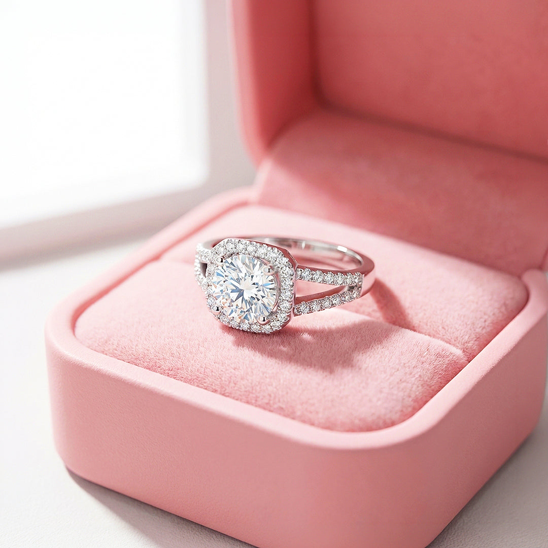 Brilliant Cushion Halo Moissanite Ring | 925 Sterling Silver | PRM7124