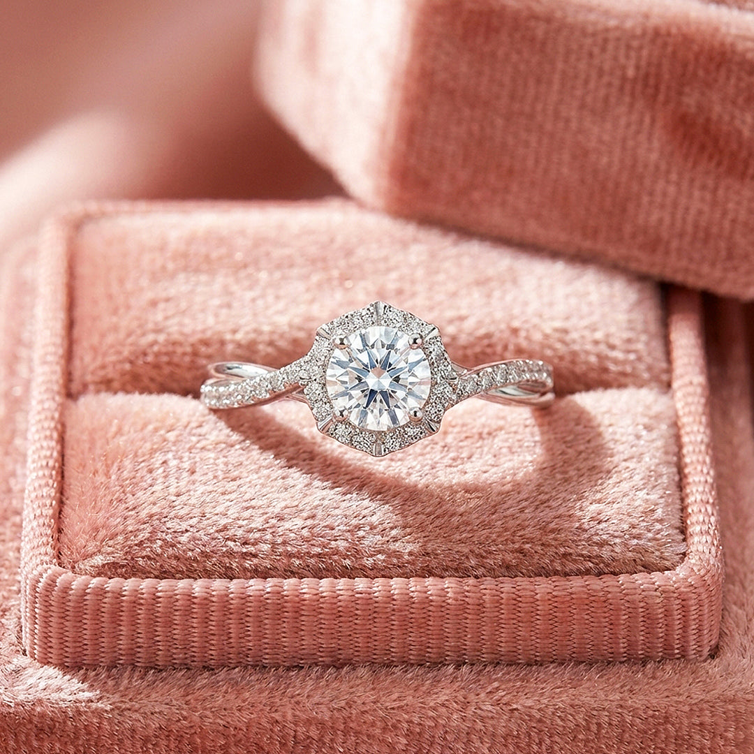 Hexagon Halo Moissanite Ring | 925 Sterling Silver | PRM7126