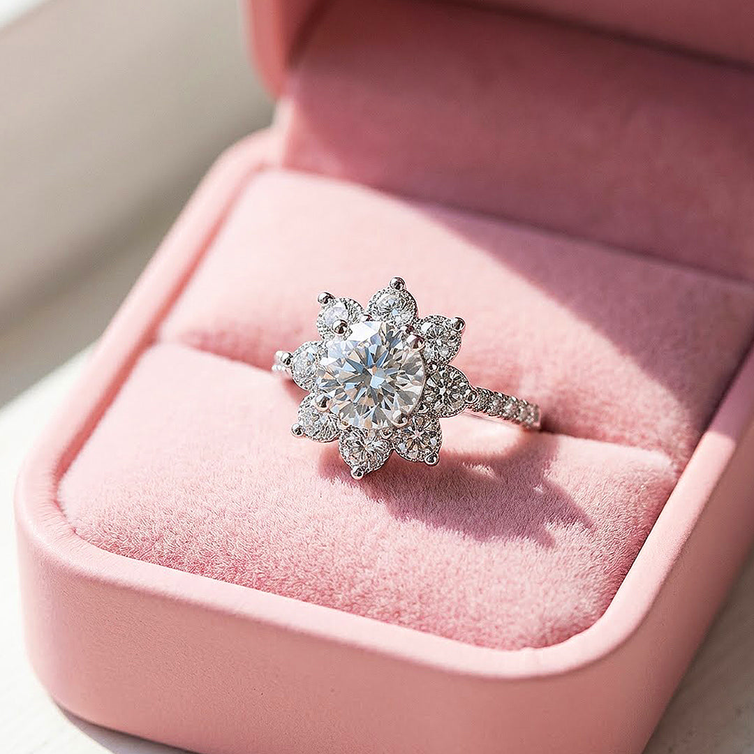 Sunflower Halo Moissanite Ring | 925 Sterling Silver | PRM7135
