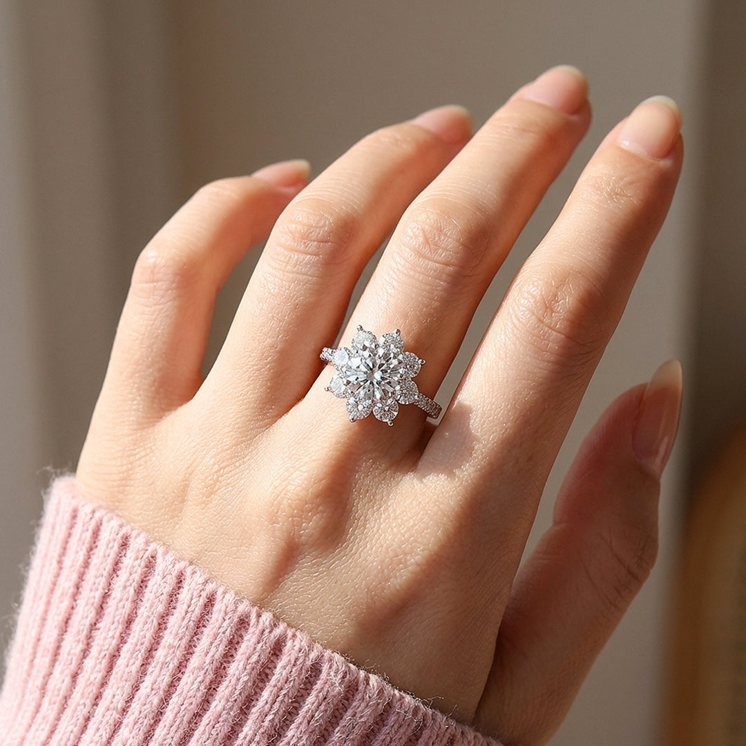 Sunflower Halo Moissanite Ring | 925 Sterling Silver | PRM7135