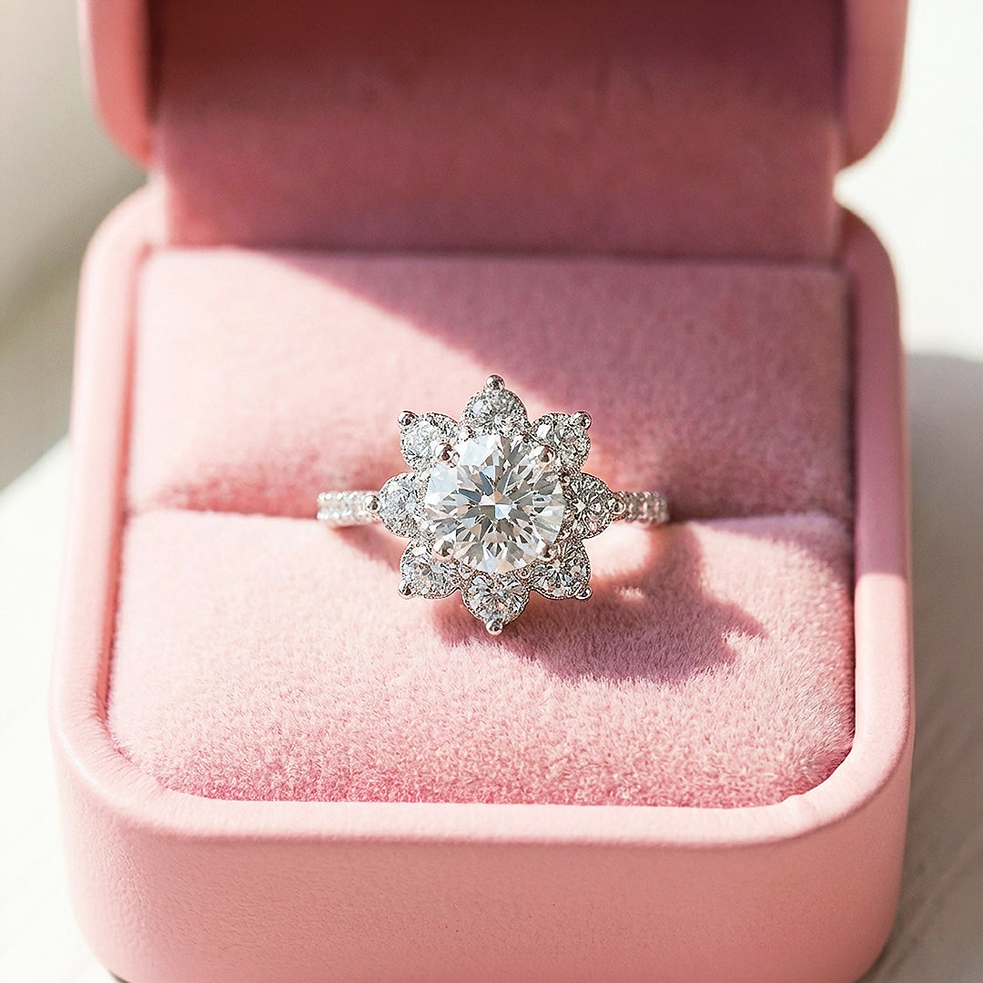 Sunflower Halo Moissanite Ring | 925 Sterling Silver | PRM7135
