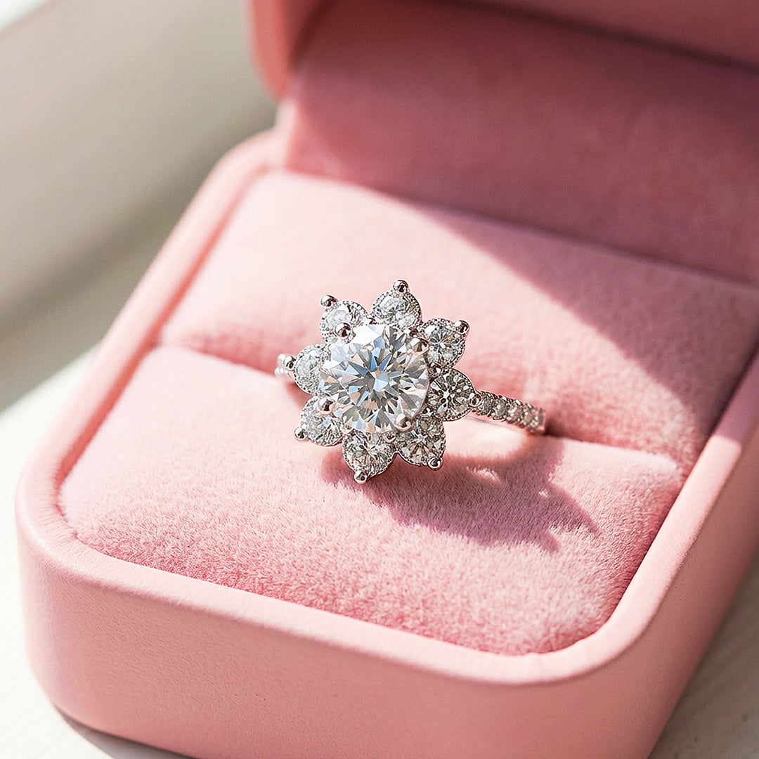 Sunflower Halo Moissanite Ring | 925 Sterling Silver | PRM7135