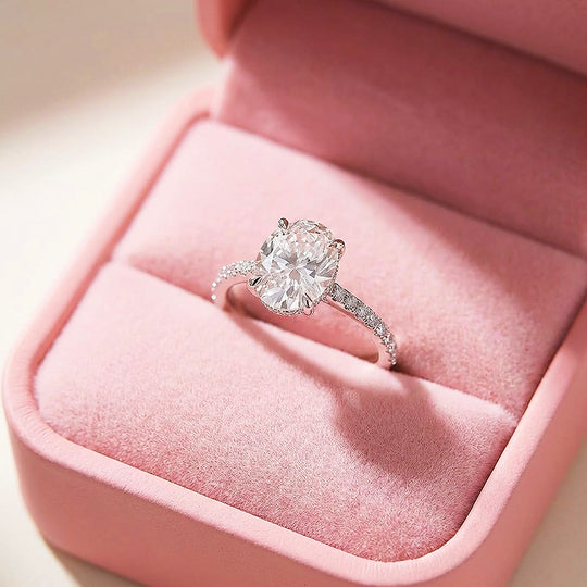 Oval Cut Moissanite Pavé Solitaire Ring | 925 Sterling Silver | PRM7143