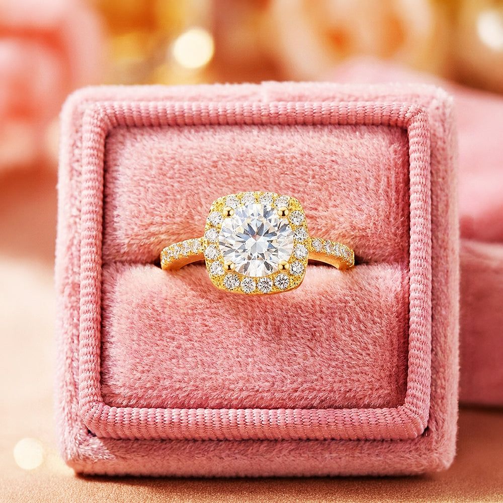 Cushion Halo Moissanite Gold Ring | 925 Sterling Silver | PRM7173