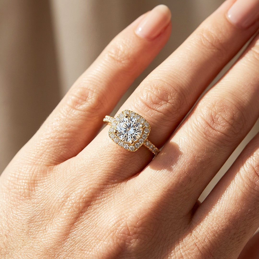 Cushion Halo Moissanite Gold Ring | 925 Sterling Silver | PRM7173